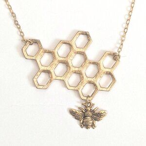 Bee honeycomb long pendent necklace gold tone